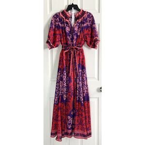 BEULAH Style Raie Swing Belted Floral Paisley Printed Ramie Maxi Dress